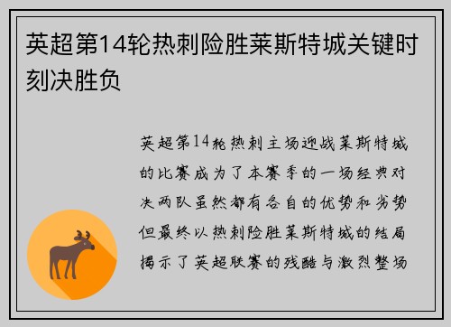 英超第14轮热刺险胜莱斯特城关键时刻决胜负