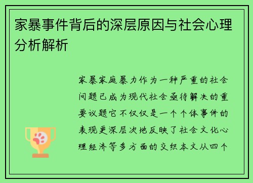 家暴事件背后的深层原因与社会心理分析解析